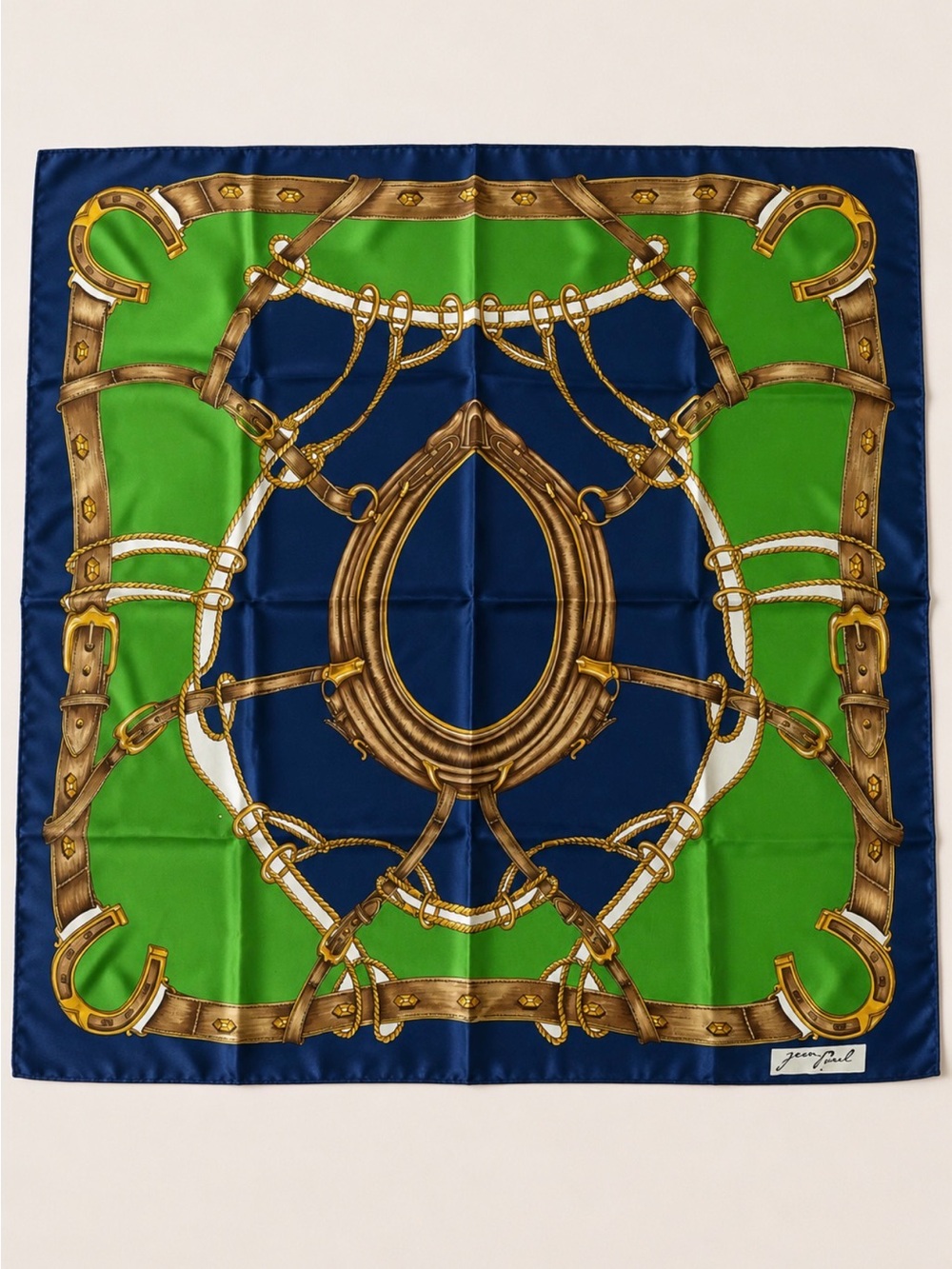 Vintage Jean Parel Equestrian Silk Scarf 30” Square Horseshoe Bridle Print